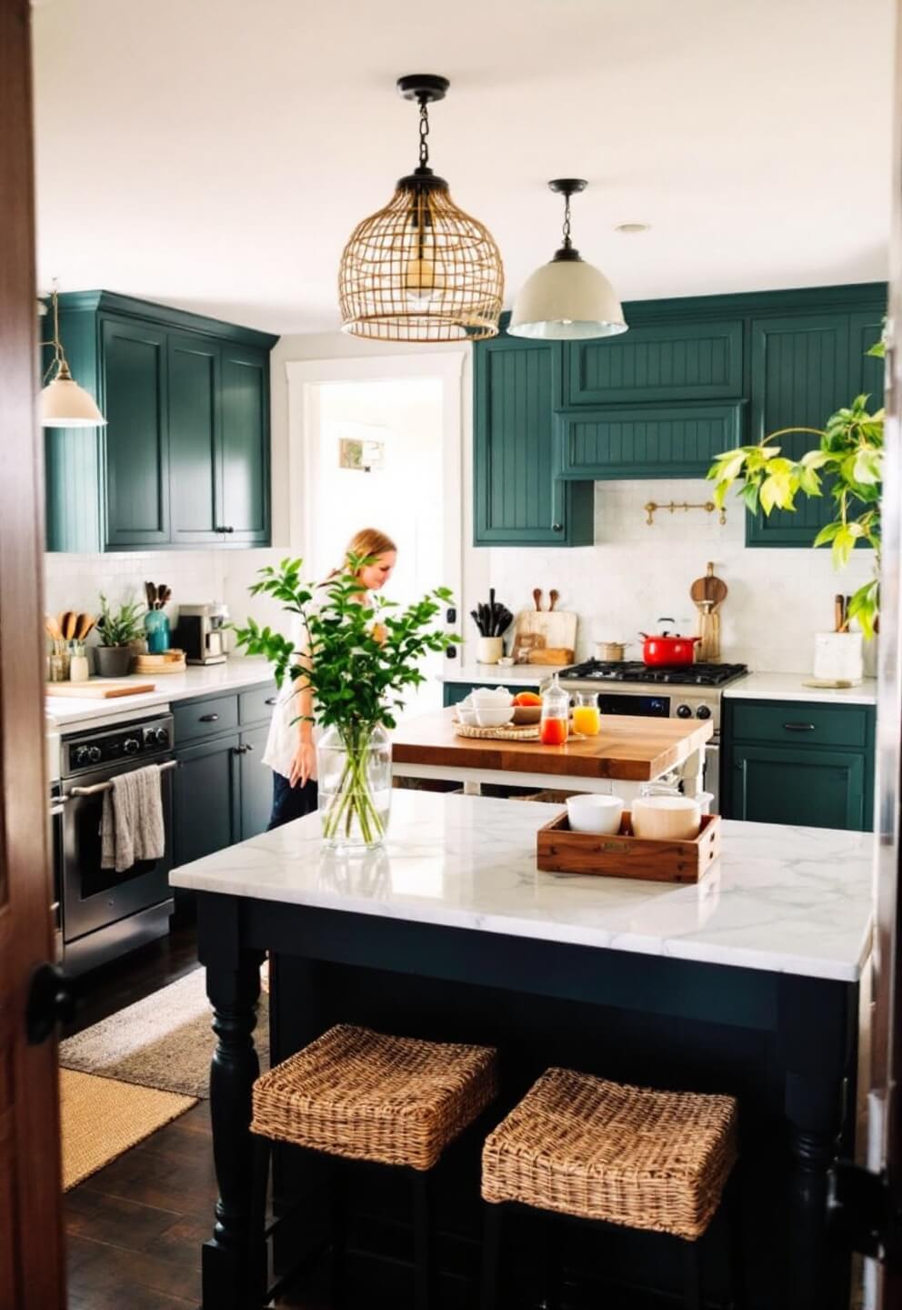 Cozy farmhouse kitchen during breakfast with forest green cabinets, butcher block island, white marble counters, vintage pendants, and woven elements under natural and warm artificial light