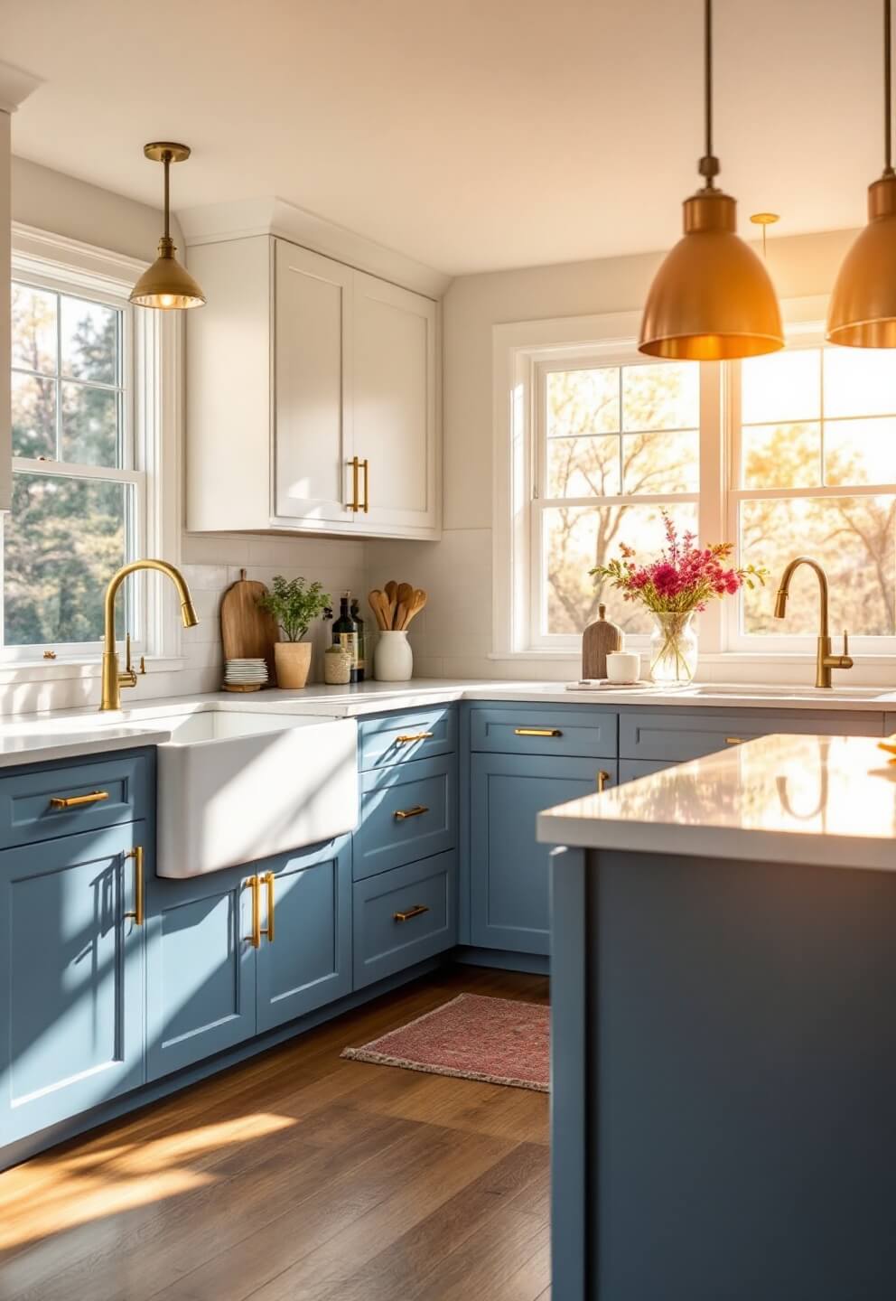 Sunlit contemporary kitchen with powder blue lower cabinets, white quartz countertops, white upper cabinets, copper pendant lights, and a central island, captured from a low corner angle during golden hour with a 24mm wide-angle lens.