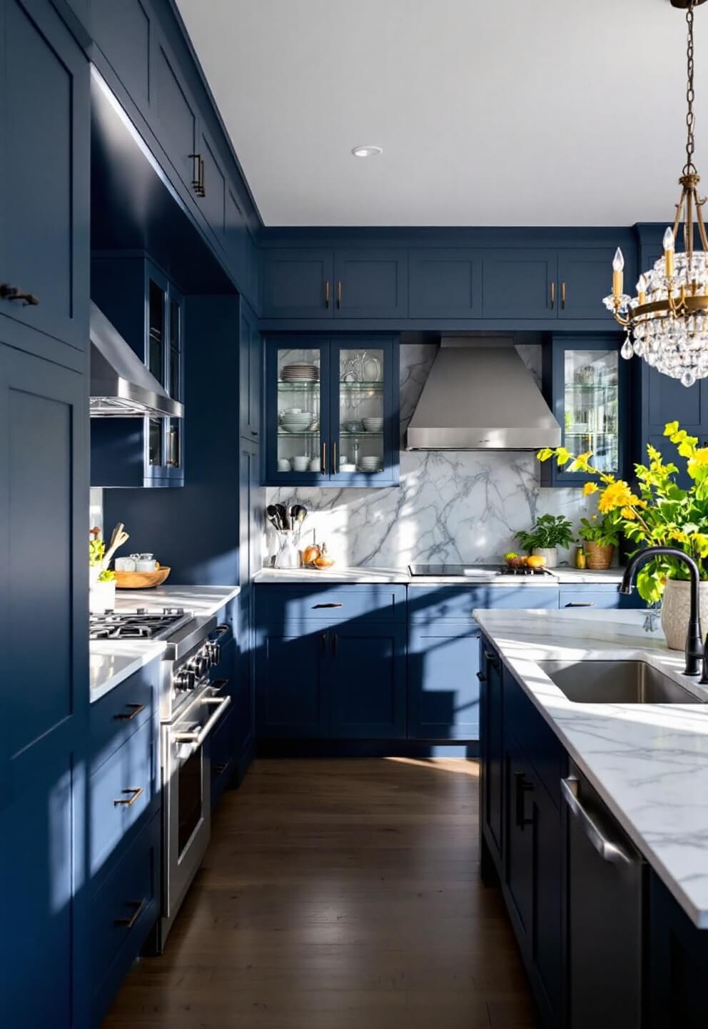 Dramatic chef's kitchen with navy blue cabinets, Carrara marble countertops, matte black hardware, industrial-style stainless steel appliances, and crystal chandelier under afternoon shadows and soft box lighting.