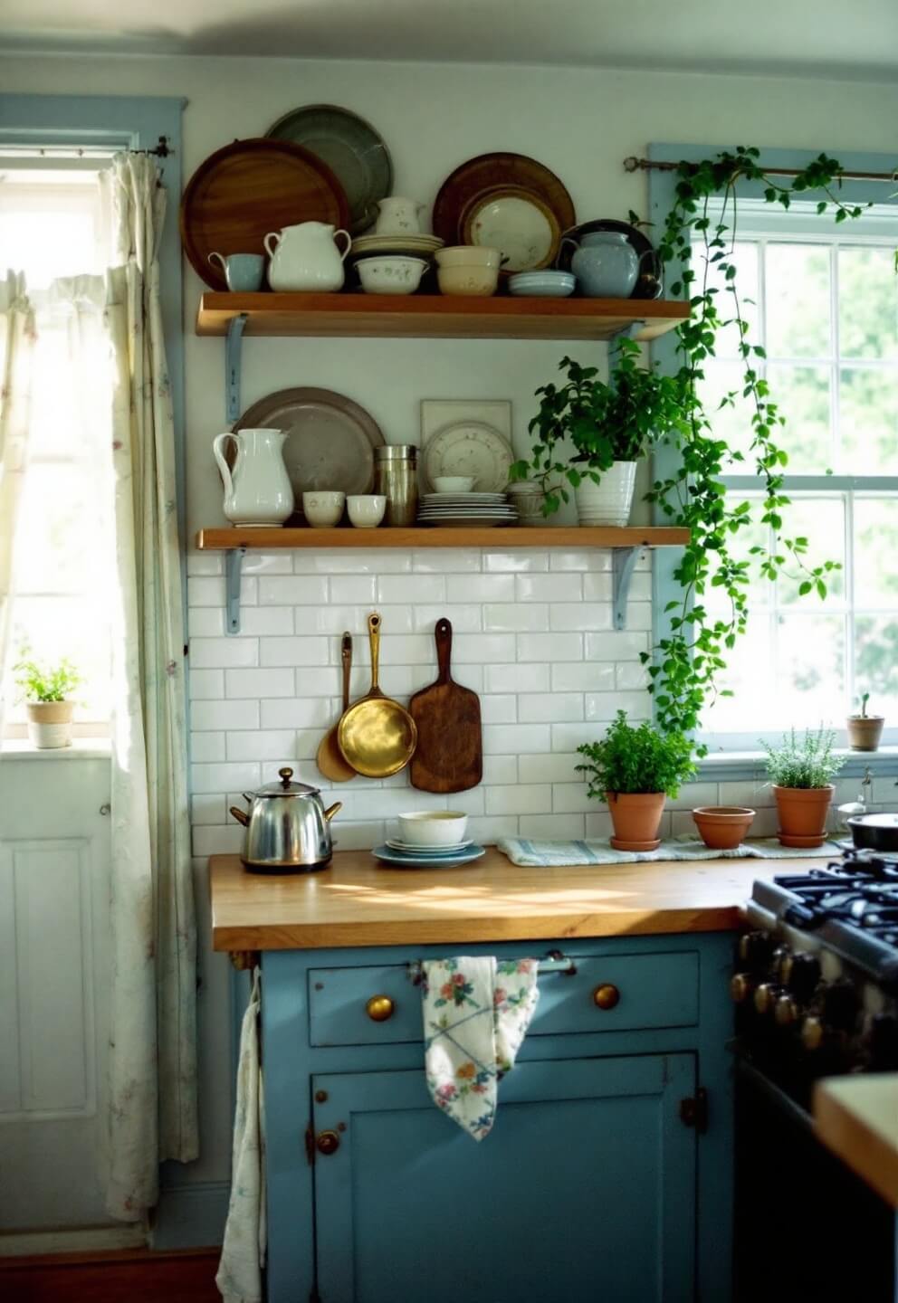 Overhead view of a cozy 10x12ft cottage kitchen with sky blue cabinets, butcher block countertops, antique brass hardware, and vintage pottery on open shelves, lit by early morning sunlight filtering through cafe curtains.