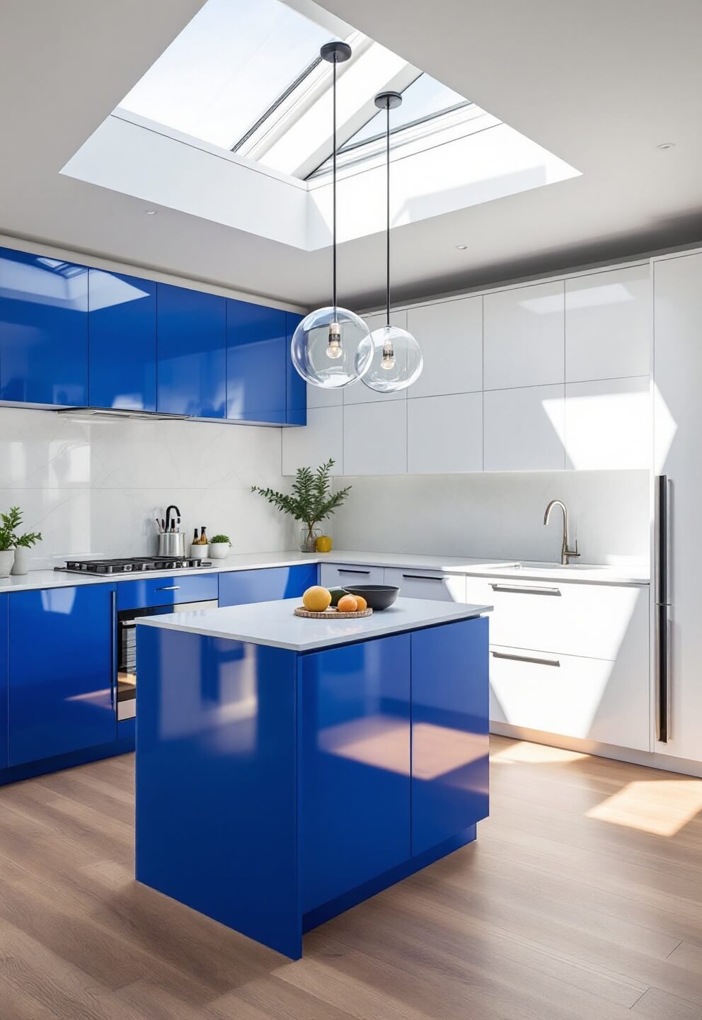 Spacious modern kitchen with royal blue island, white cabinets, waterfall quartz countertops and pendant lighting, illuminated by midday sun through skylights