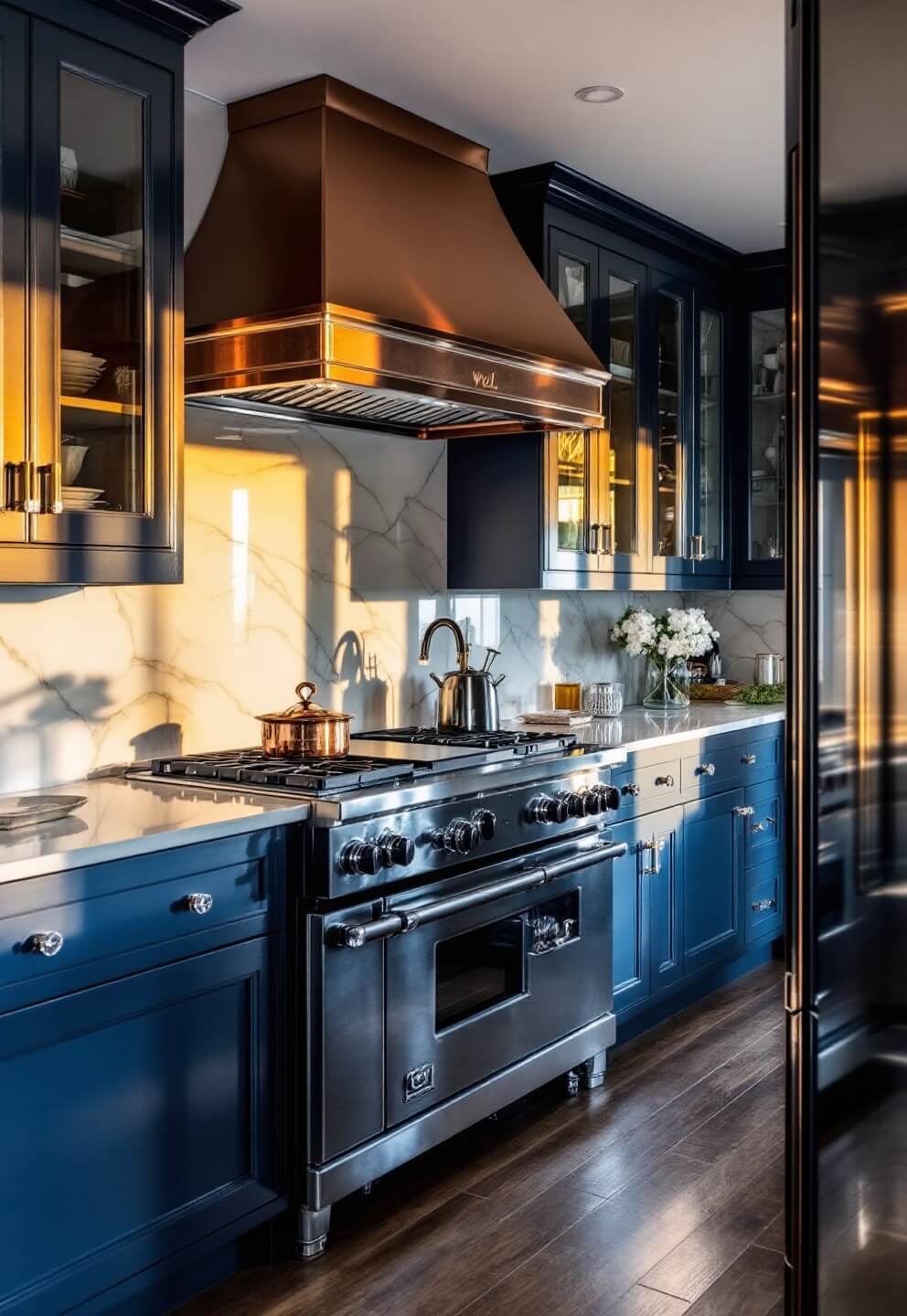 Luxurious 16x20ft kitchen with midnight blue cabinets, white marble backsplash, polished nickel hardware and crystal knobs, featuring a Wolf range with copper hood under golden hour light.