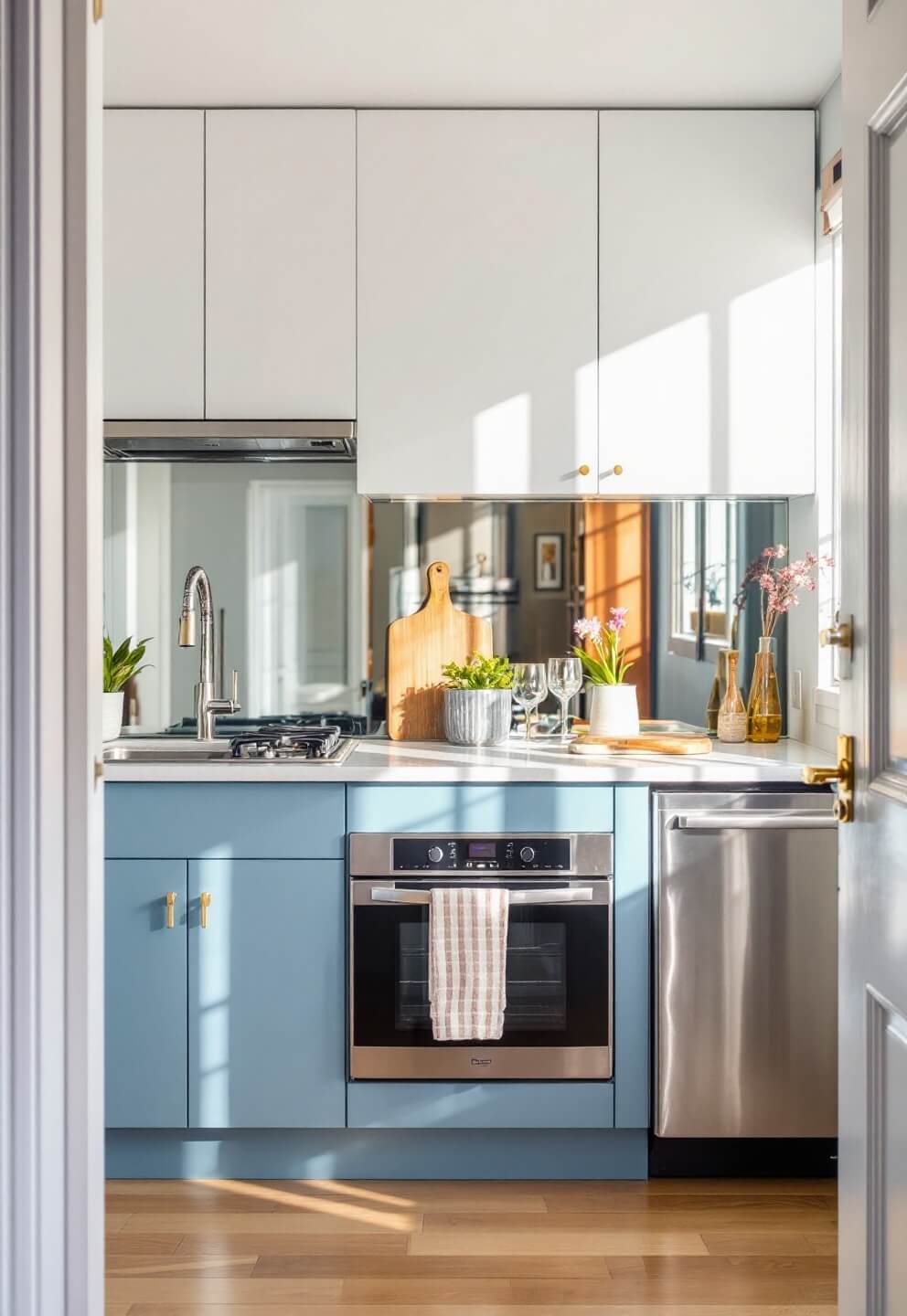 Compact urban kitchen with ice blue lower cabinets, white upper cabinets, mirrored backsplash, slim brass pulls, and stainless steel appliances, illuminated by late afternoon light.