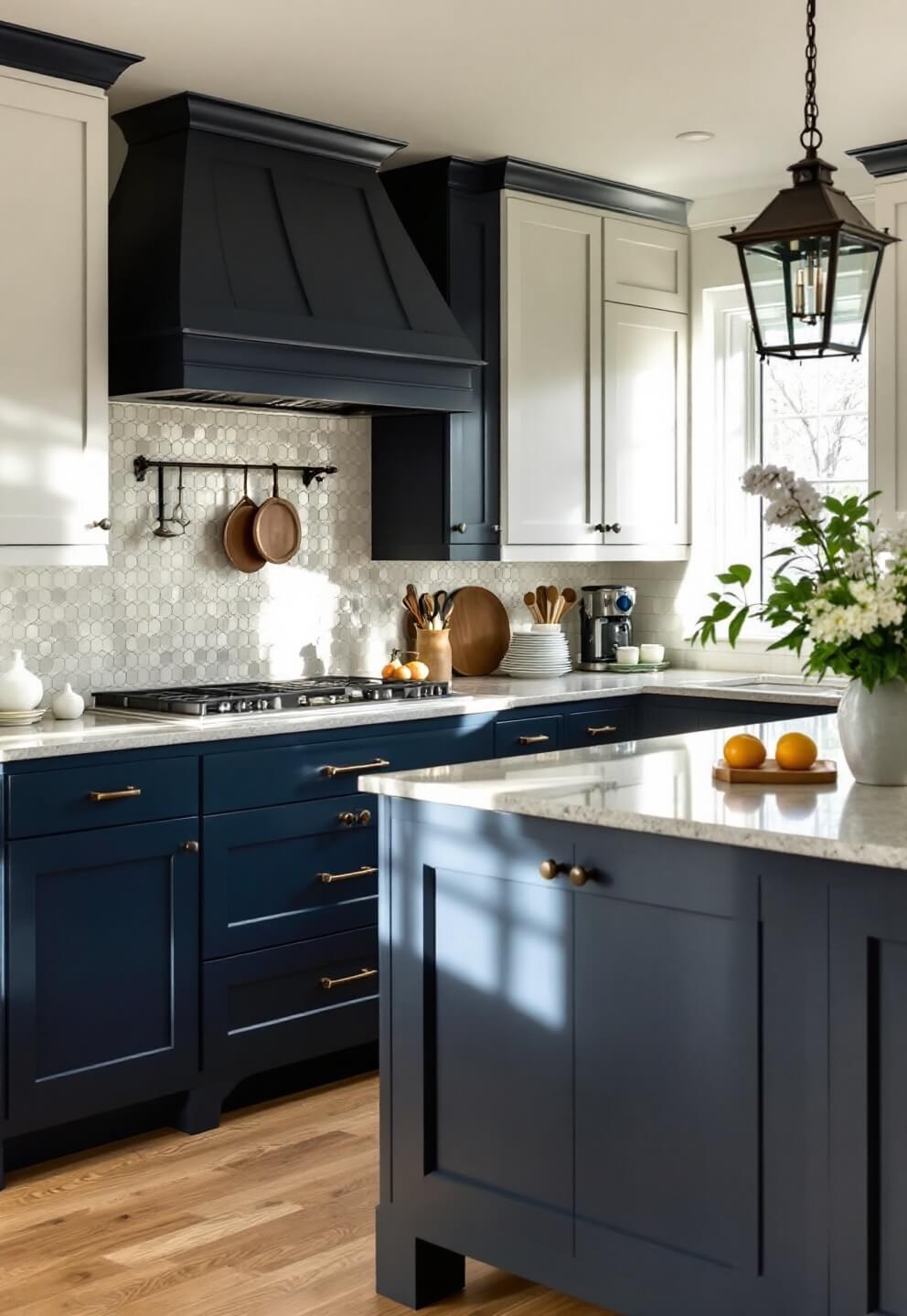 Traditional two-tone navy and white kitchen with raised panel details, oil-rubbed bronze hardware, cream granite countertops, classic pendant lanterns above island, and natural lighting.