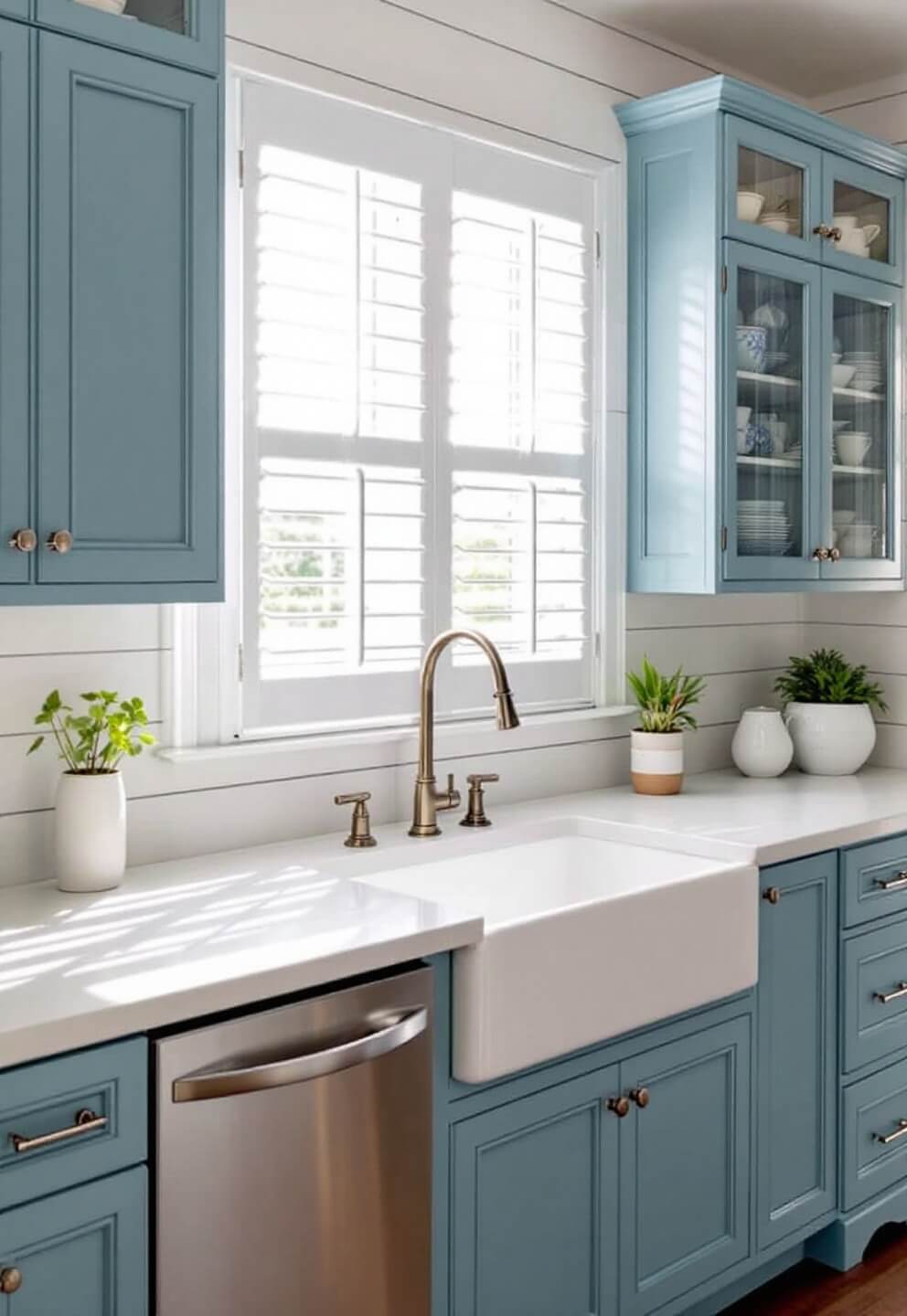 Coastal kitchen interior with powder blue cabinets, white shiplap walls, white quartz counters, chrome bin pulls, and glass-front cabinets displaying blue and white china, in diffused afternoon light featuring a breezy aesthetic.