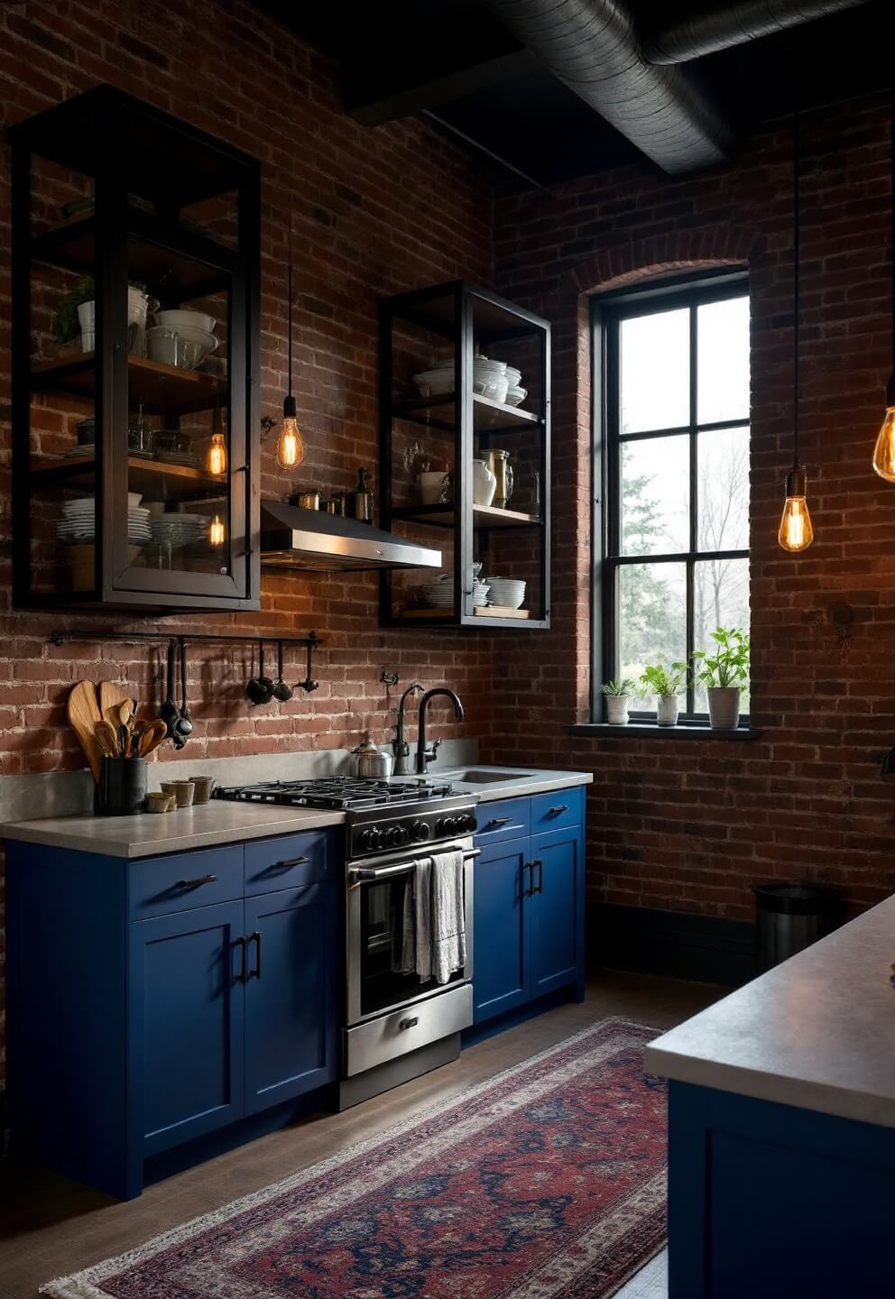 Low angle view of an industrial-style 14x16ft kitchen with royal blue lower cabinets, black steel frame upper units, concrete countertops, matte black hardware, exposed brick walls, and Edison bulb pendants casting a warm glow in the evening light