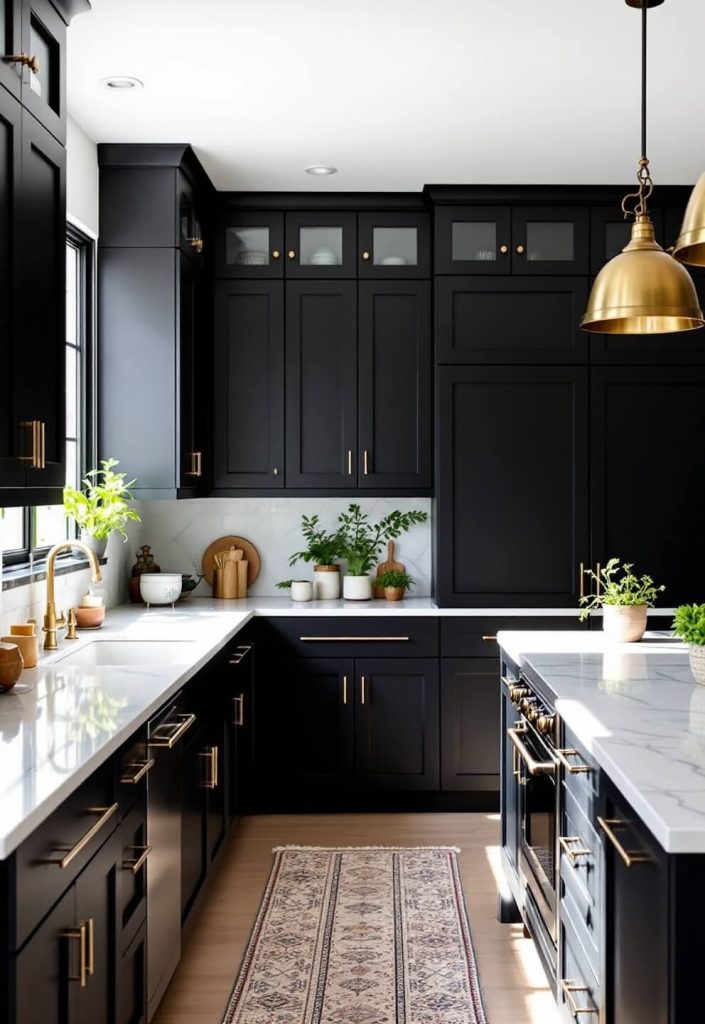 "Modern black kitchen with high ceilings, marble countertops, gold hardware, and industrial pendant lights, basking in natural sunlight through floor-to-ceiling windows with minimal decor and fresh herbs"