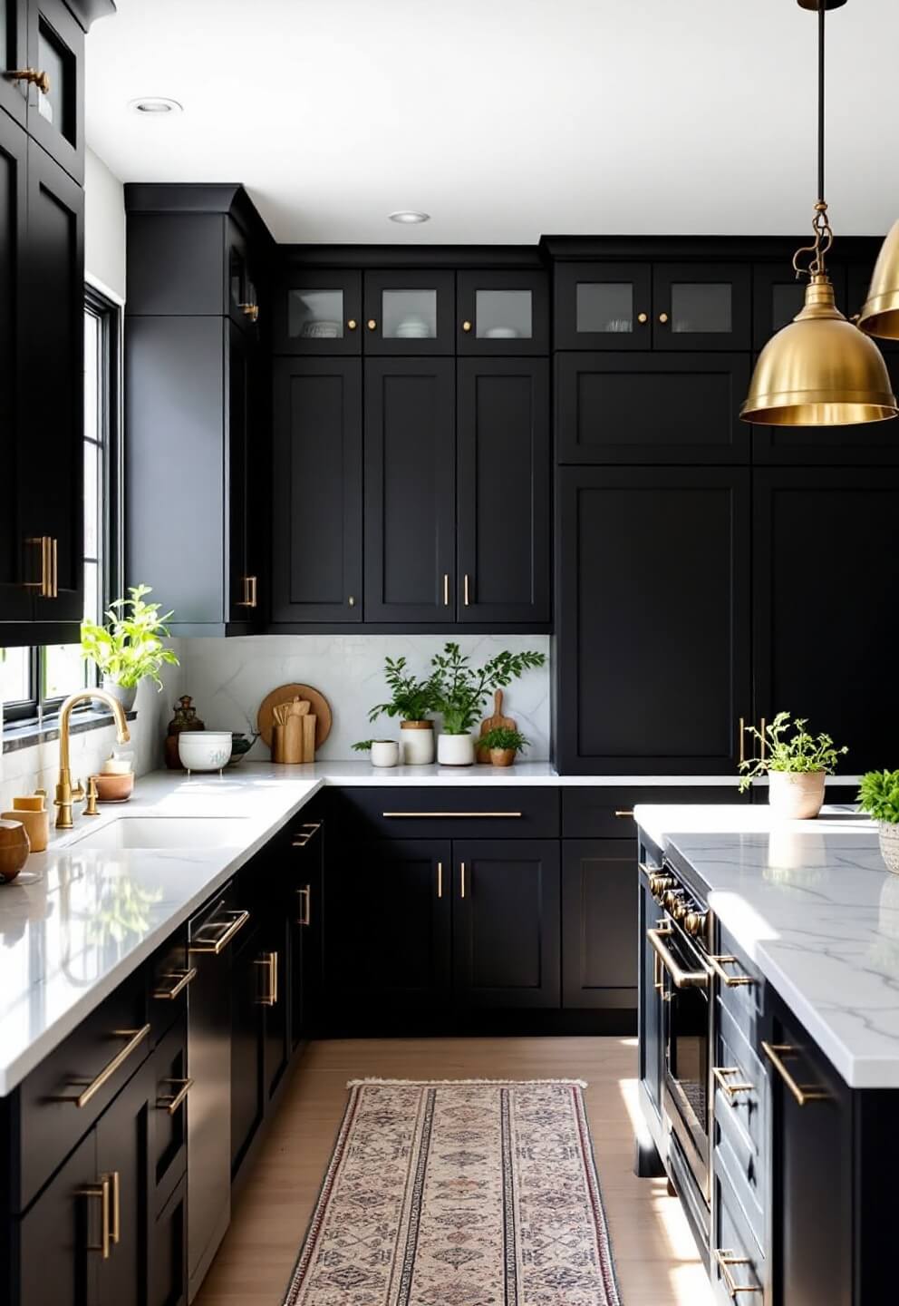 Modern black kitchen with high ceilings, marble countertops, gold hardware, and industrial pendant lights, basking in natural sunlight through floor-to-ceiling windows with minimal decor and fresh herbs