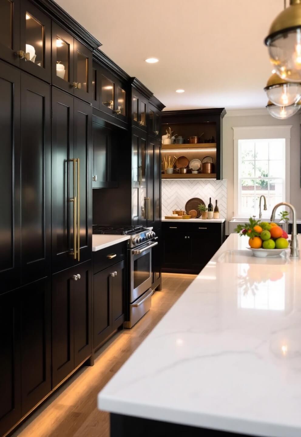 Transitional kitchen with floor-to-ceiling black cabinets, white quartz countertops, herringbone white marble backsplash, wood open shelving and copper cookware during golden hour.