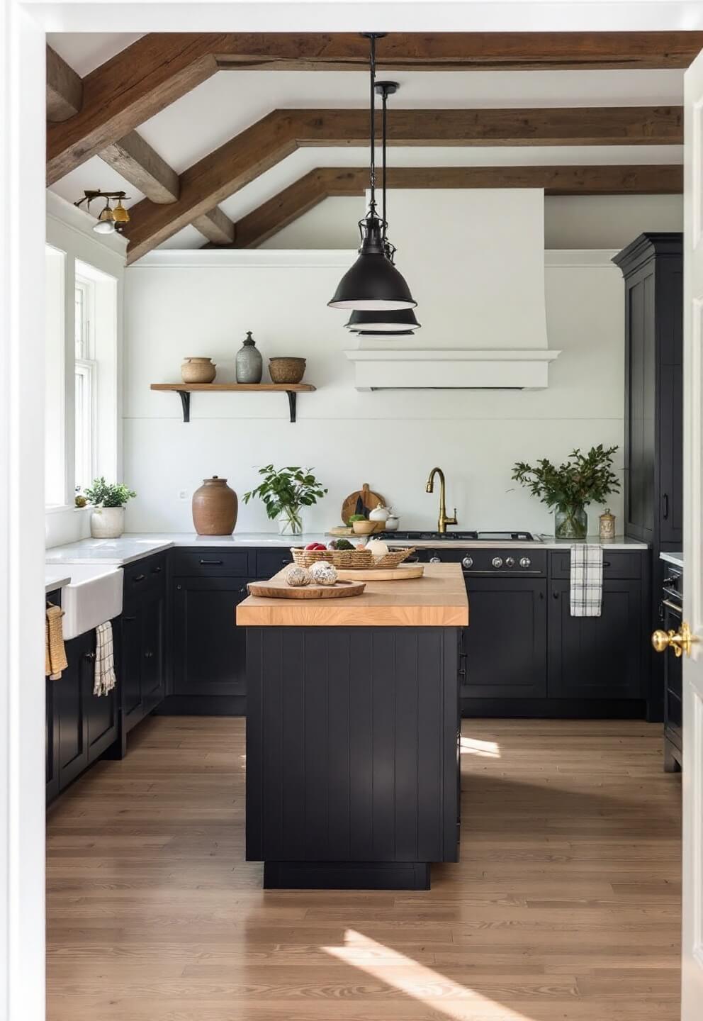 Modern farmhouse kitchen with black beadboard cabinets, butcher block island, exposed wooden beams, and white plaster walls bathed in soft morning light. Views of vintage-style black metal pendants, mixed metal hardware, and styled earthenware crocks with woven baskets from the doorway.