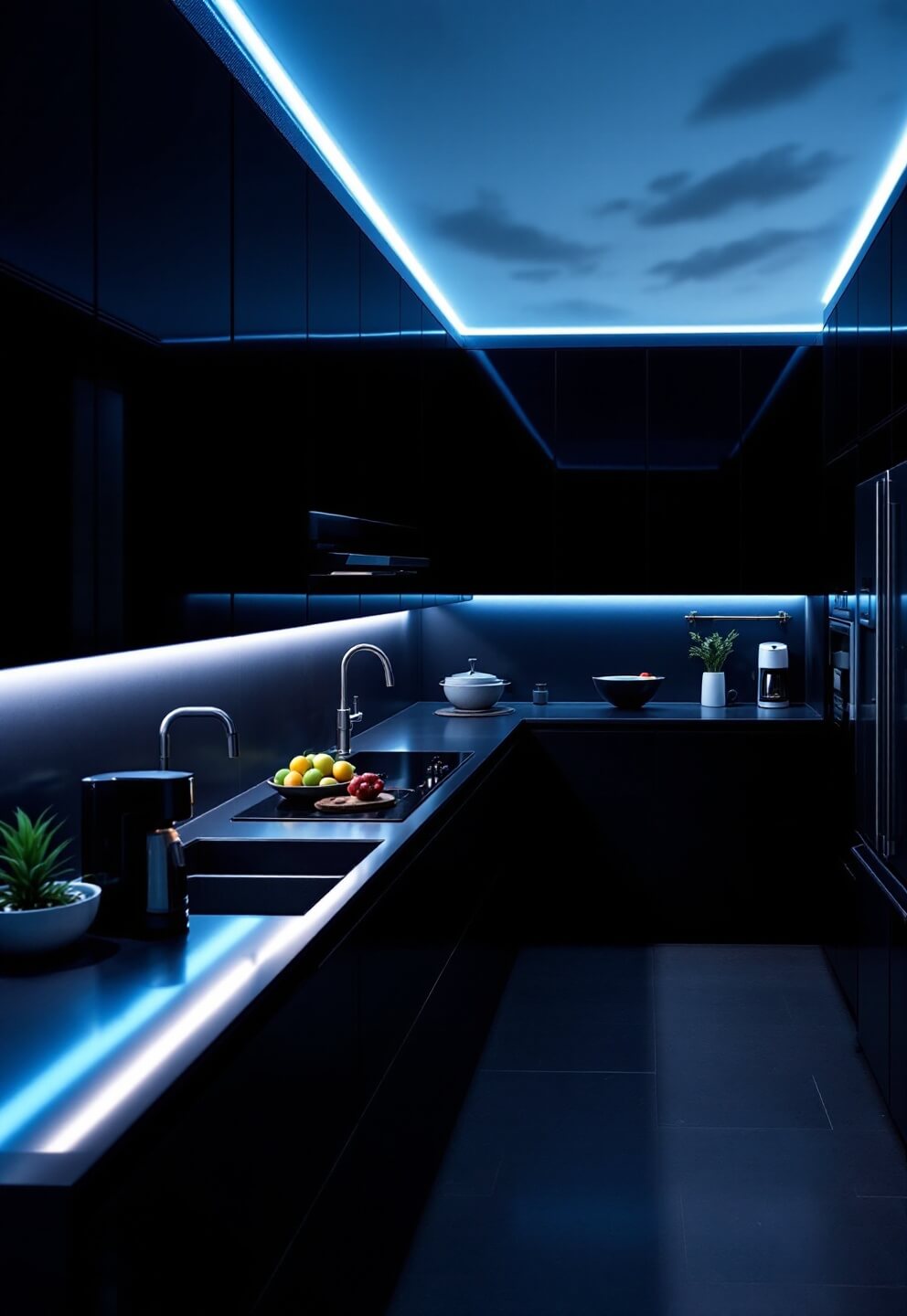 Overhead shot of a modern black kitchen with stainless steel countertops and appliances, glowing with LED lights at dusk