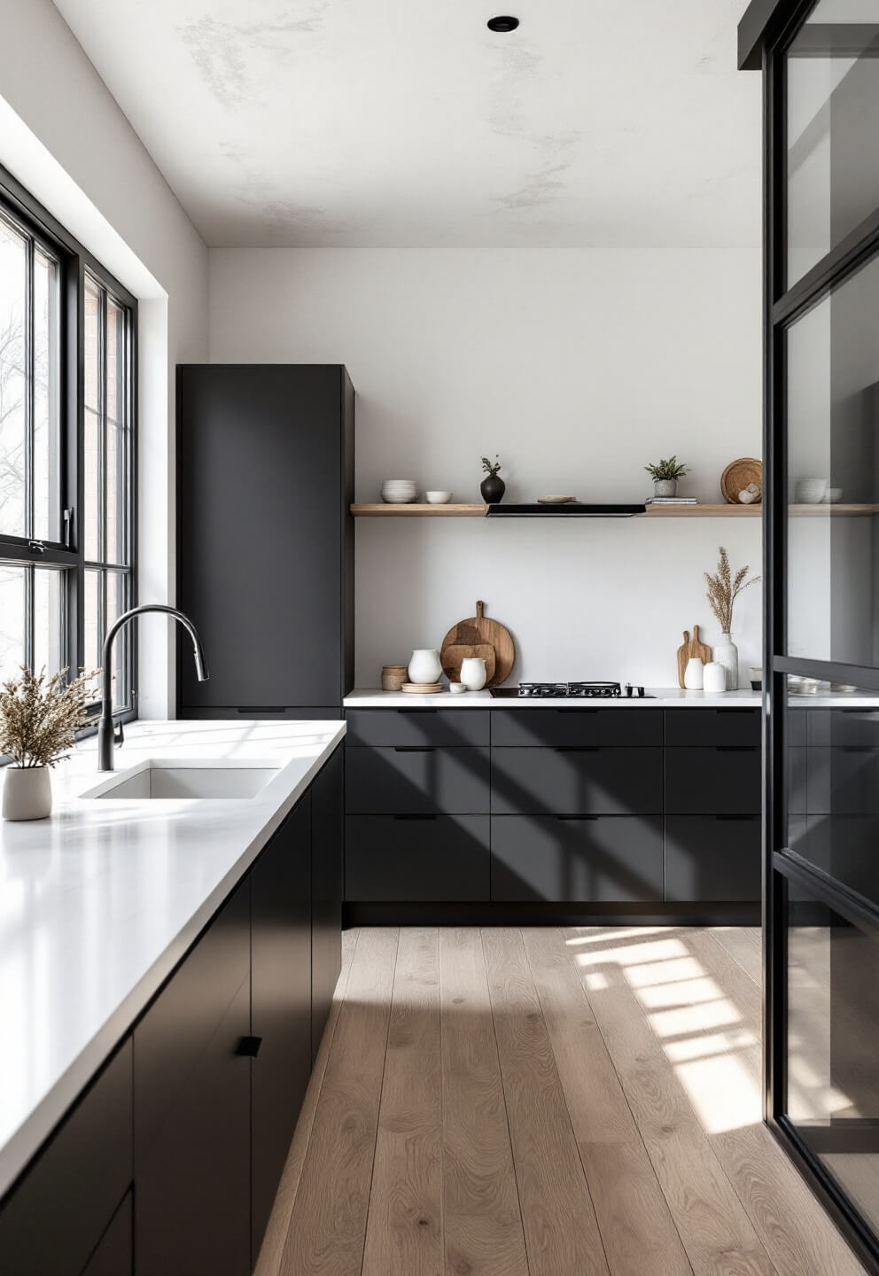 Scandinavian-inspired kitchen with matte black cabinets, ash wood floors, white stone counters, industrial window and black steel-framed partition wall, styled with ceramics and dried botanicals