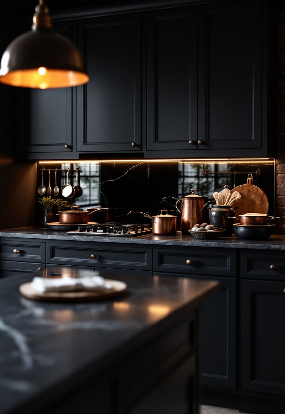 Moody evening kitchen scene with black cabinets, smoky mirror backsplash, grey soapstone counters, copper accents, pendant lighting, vintage cookware, dark pottery, and exposed brick wall