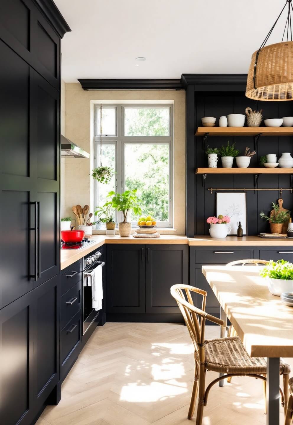 Sunlit breakfast nook featuring a black cabinet wall, bleached oak countertops, rattan furniture, and styled with white ceramics and potted herbs