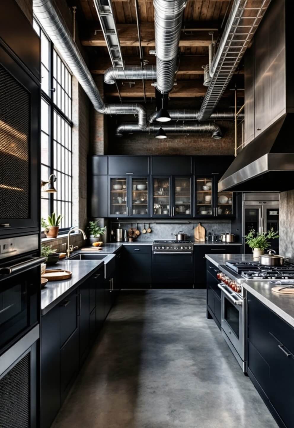 Industrial loft kitchen with black metal cabinets, polished concrete countertops, large factory windows, professional cookware and exposed ductwork in afternoon light.