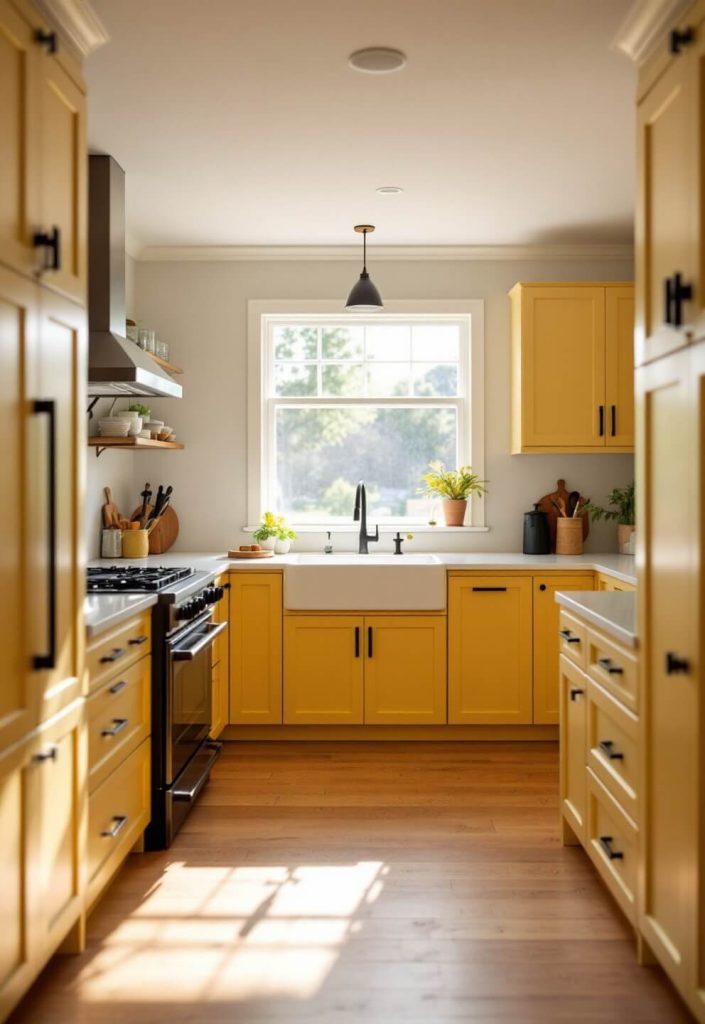 "Sunlit modern kitchen with butter yellow Shaker-style cabinets, white quartz countertops, black hardware, pendant lights, oak floors, and large window above farmhouse sink"