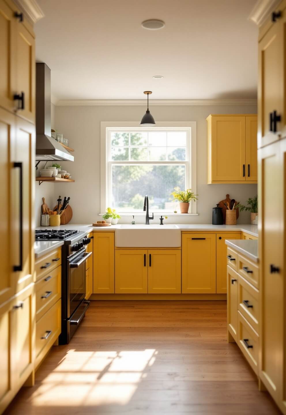 Sunlit modern kitchen with butter yellow Shaker-style cabinets, white quartz countertops, black hardware, pendant lights, oak floors, and large window above farmhouse sink