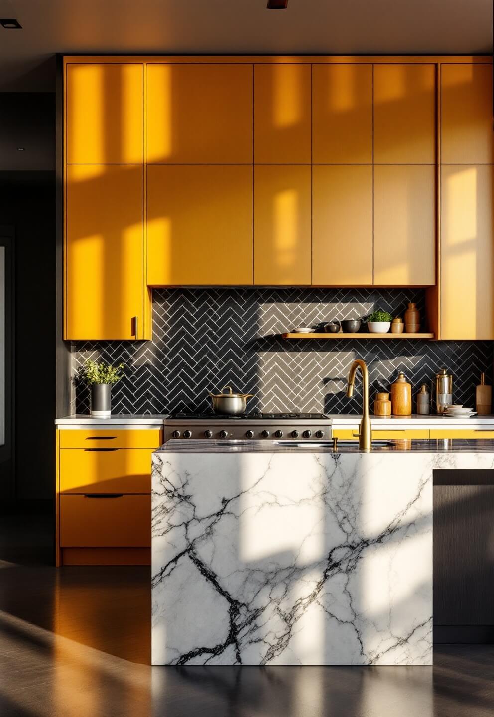 Dramatic contemporary kitchen with saffron-colored cabinets, veined marble waterfall island, brass fixtures, and geometric backsplash in afternoon golden hour light.