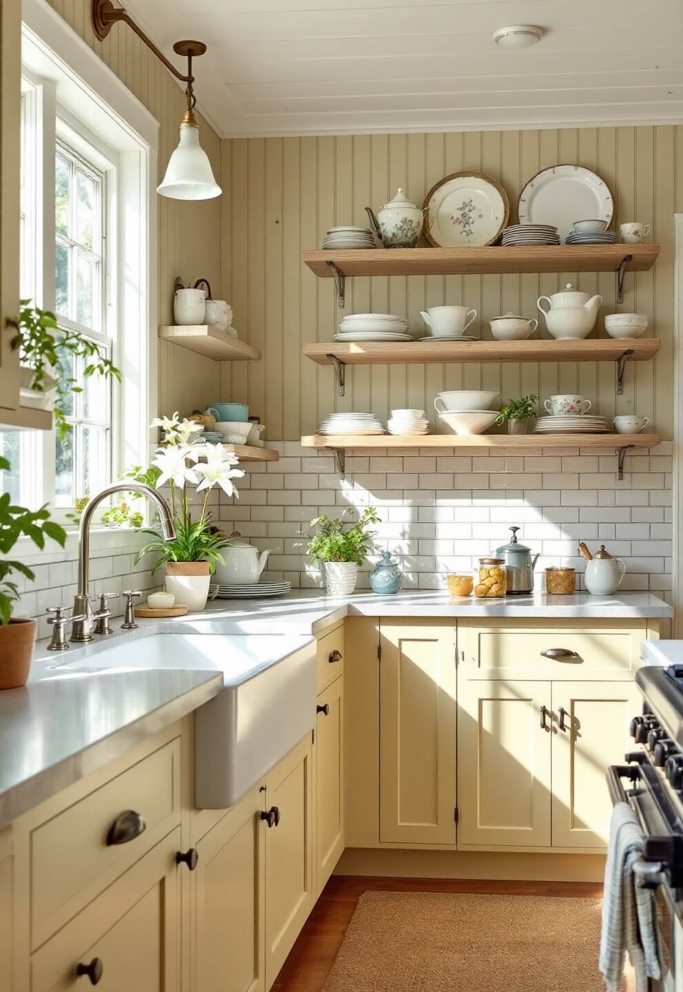 Cozy cottage kitchen featuring yellow beadboard cabinets, glass uppers, white subway tile backsplash, vintage sink, open shelves with ironstone collection, in soft morning light.