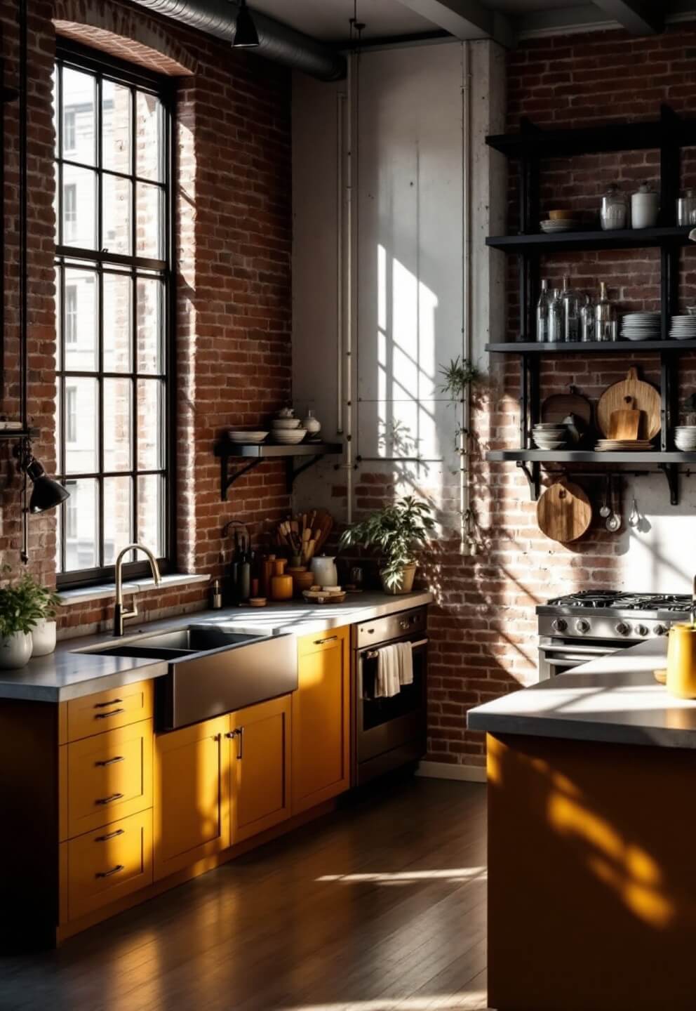 High angle view of an industrial-chic kitchen with ochre lower cabinets, white upper cabinets, stainless steel appliances, concrete counters, black open shelving, large factory-style windows, and an exposed brick wall lit dramatically from the side