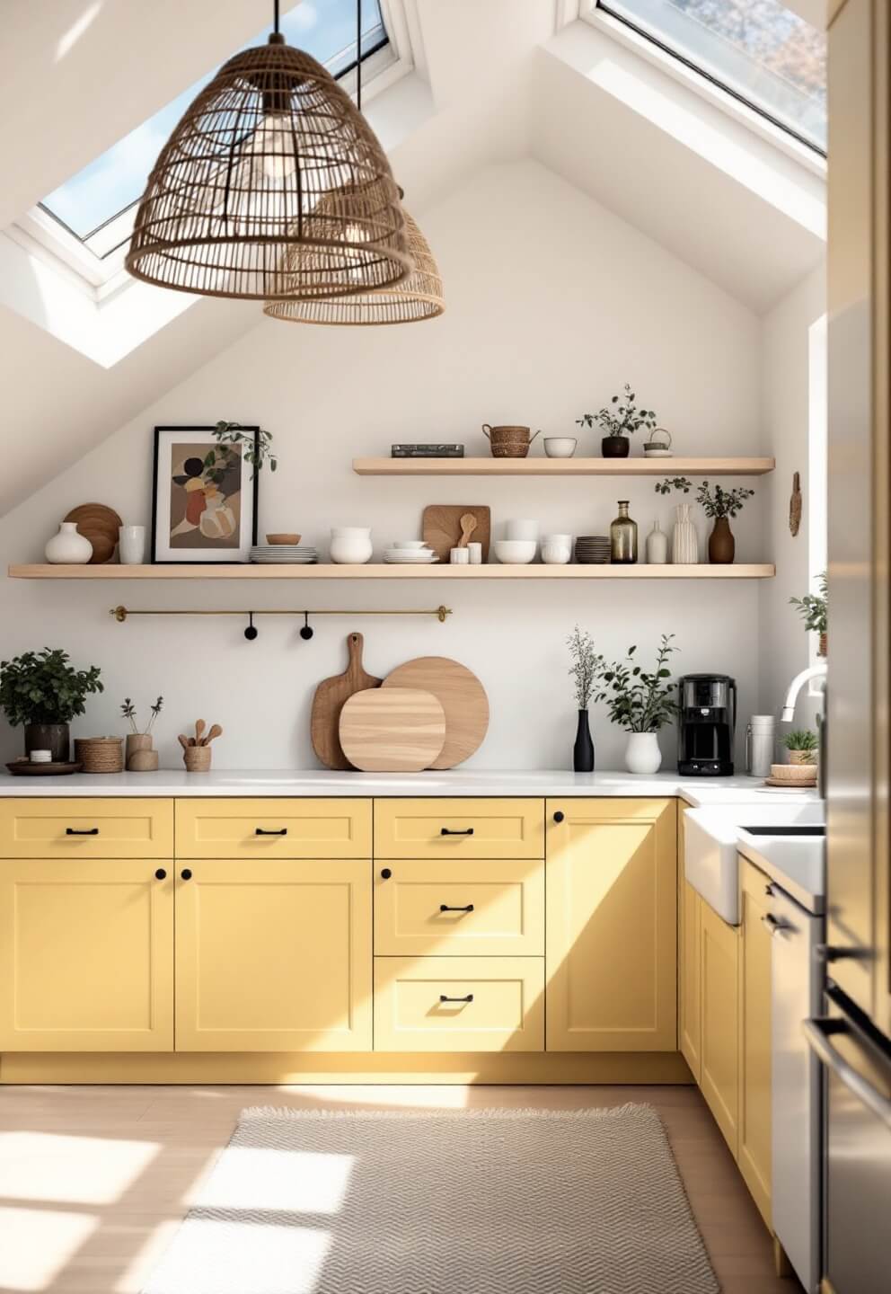 Scandinavian-style kitchen with yellow IKEA cabinets, white counters, light wood shelving displaying ceramics, and woven pendant lights, lit by natural light from skylights