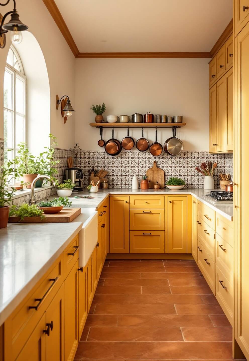 Mediterranean kitchen featuring mustard yellow cabinets, terra cotta floors, patterned cement tile backsplash, copper cookware on rack, herbs on windowsill, and warm afternoon light filtering through arched window.