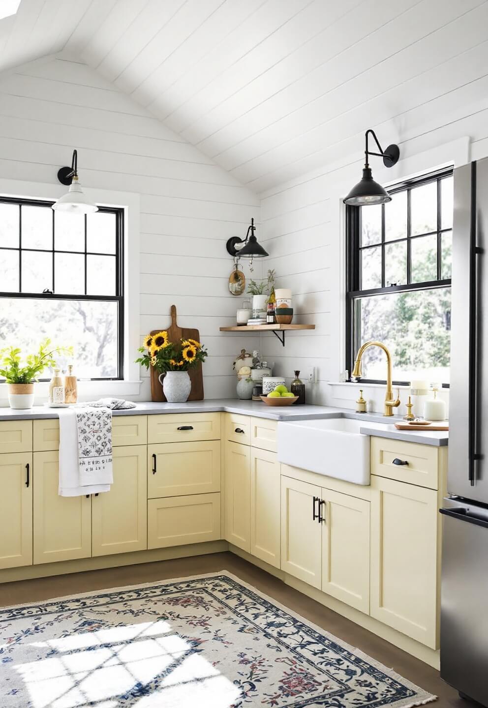 Modern farmhouse kitchen with yellow and white cabinets, soapstone counters, farmhouse sink, shiplap walls, vintage rug, and industrial pendants, bathed in morning light from black-framed windows, showcasing high ceilings.