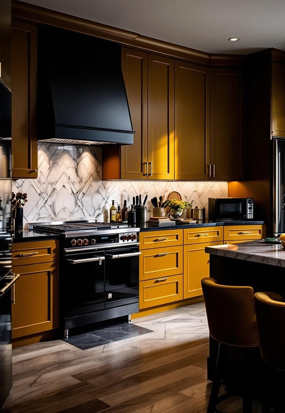 Art Deco kitchen with ochre cabinets, black details, marble backsplash, brass hardware, chrome appliances, and velvet bar stools in the evening with moody lighting