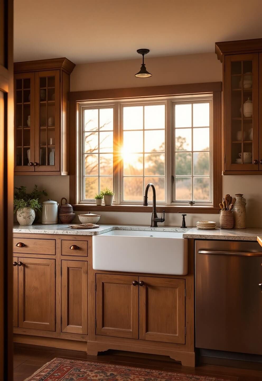 Sunlit farmhouse kitchen with distressed hickory cabinets and vintage pottery, showcasing detailed woodwork and warm ambient lighting