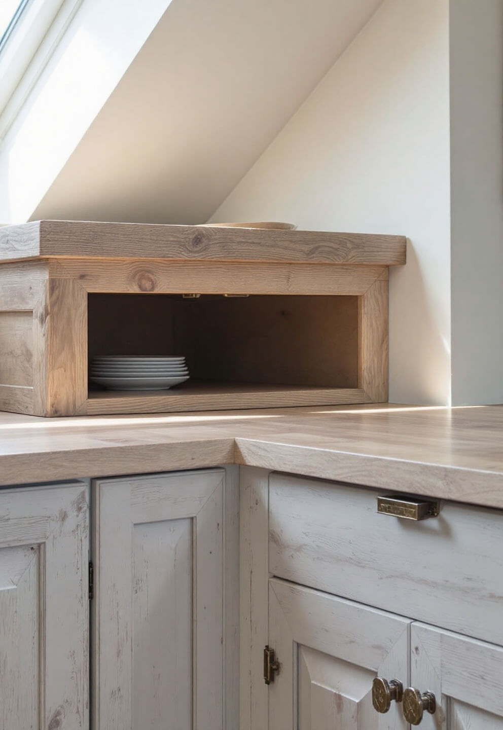 Mid-morning detail shot of a rustic 12x12 ft kitchen, featuring a weathered grey-finished maple cabinet with custom lazy Susan, accented by textured bronze hardware and exposed wood knots, illuminated by skylight.