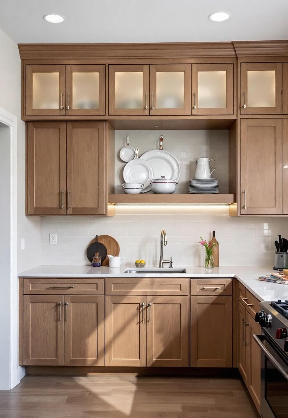 Professional kitchen space with custom oak wall cabinets featuring frosted glass and LED lighting, open shelving displaying artisanal cookware illuminated by controlled studio and afternoon light