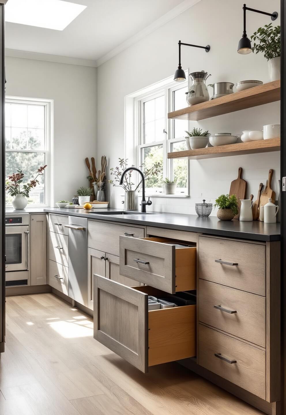 Morning kitchen scene showcasing aged barnwood finish drawer system with dovetail joinery, deep pot drawers and custom dividers, lit by overhead natural light from clerestory windows, shot at a 45-degree angle