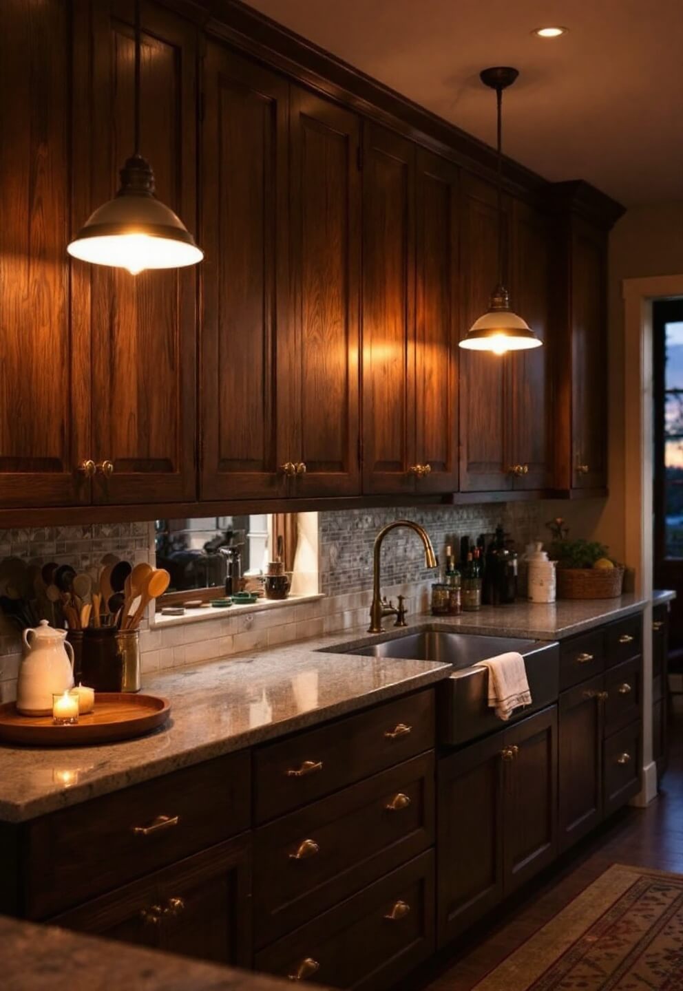 Amish-crafted walnut cabinets with brass hardware in a cozy 14x16ft kitchen at dusk, featuring pull-out pantry systems and spice organizers under the warm glow of vintage pendant lights