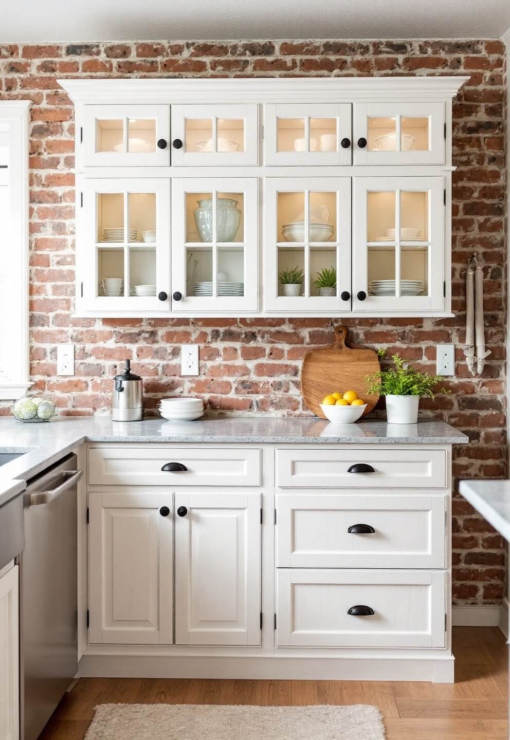 Bright modern farmhouse kitchen featuring white-washed pine cabinets with black iron hardware, glass-front upper cabinets with illuminated family heirlooms against an exposed brick wall, taken mid-day with natural and soft fill lighting.