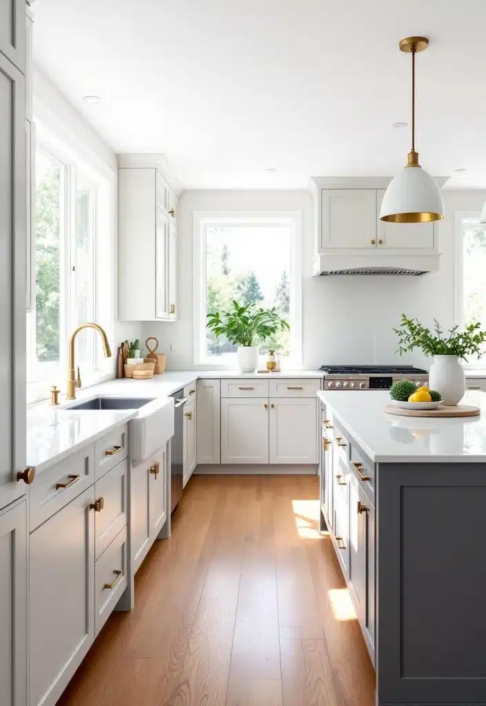 "Bright modern kitchen with morning sunlight pouring through large windows, showcasing light gray cabinets with brass hardware, white quartz countertops, and a waterfall-edge island under pendant lights, with warm oak hardwood floors."