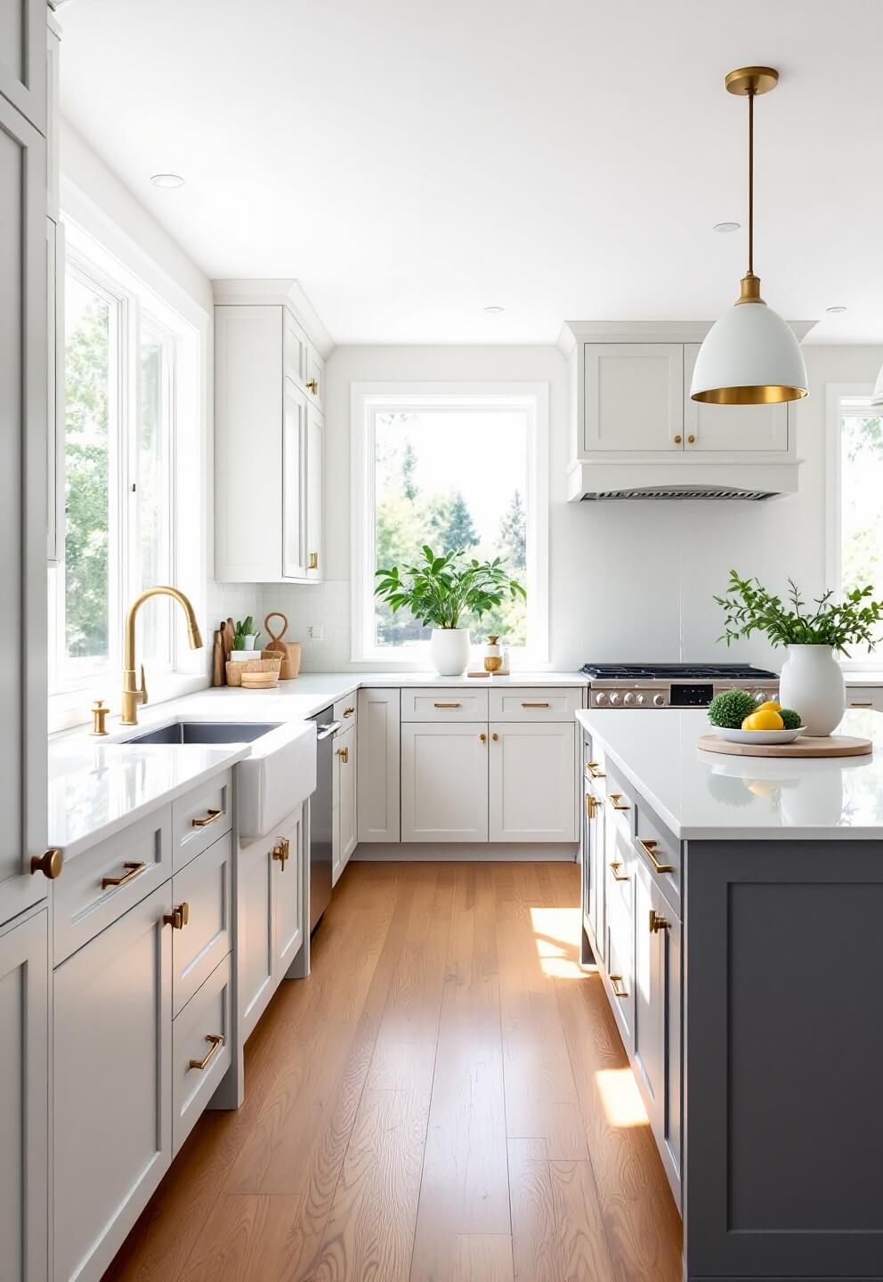 Bright modern kitchen with morning sunlight pouring through large windows, showcasing light gray cabinets with brass hardware, white quartz countertops, and a waterfall-edge island under pendant lights, with warm oak hardwood floors.