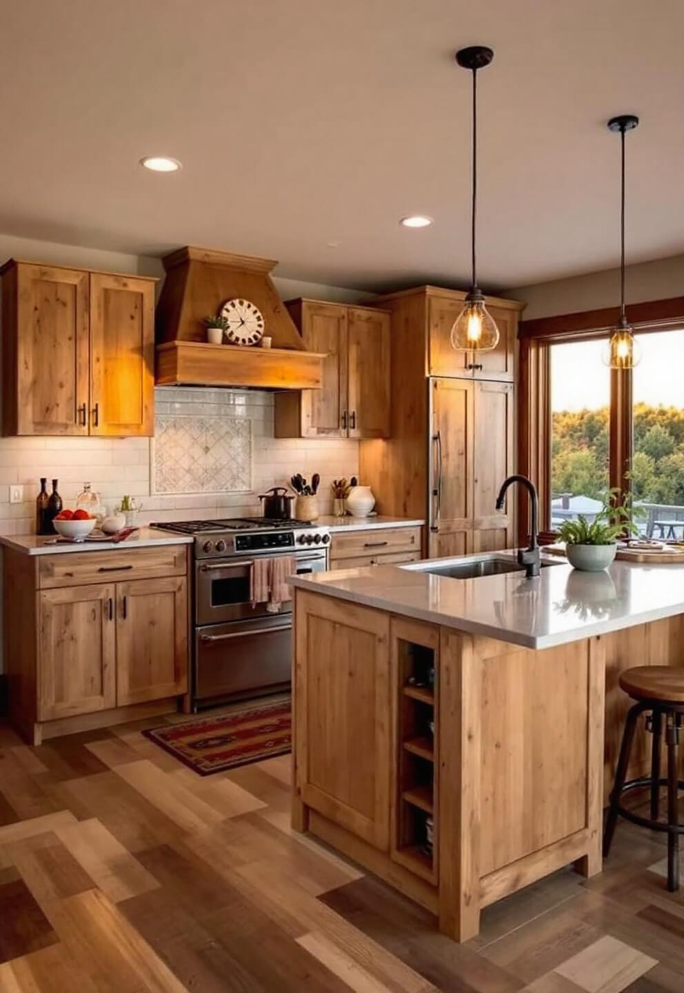 Overhead view of a rustic contemporary 18x20ft kitchen with knotty alder cabinets and integrated appliances bathed in golden hour sunlight