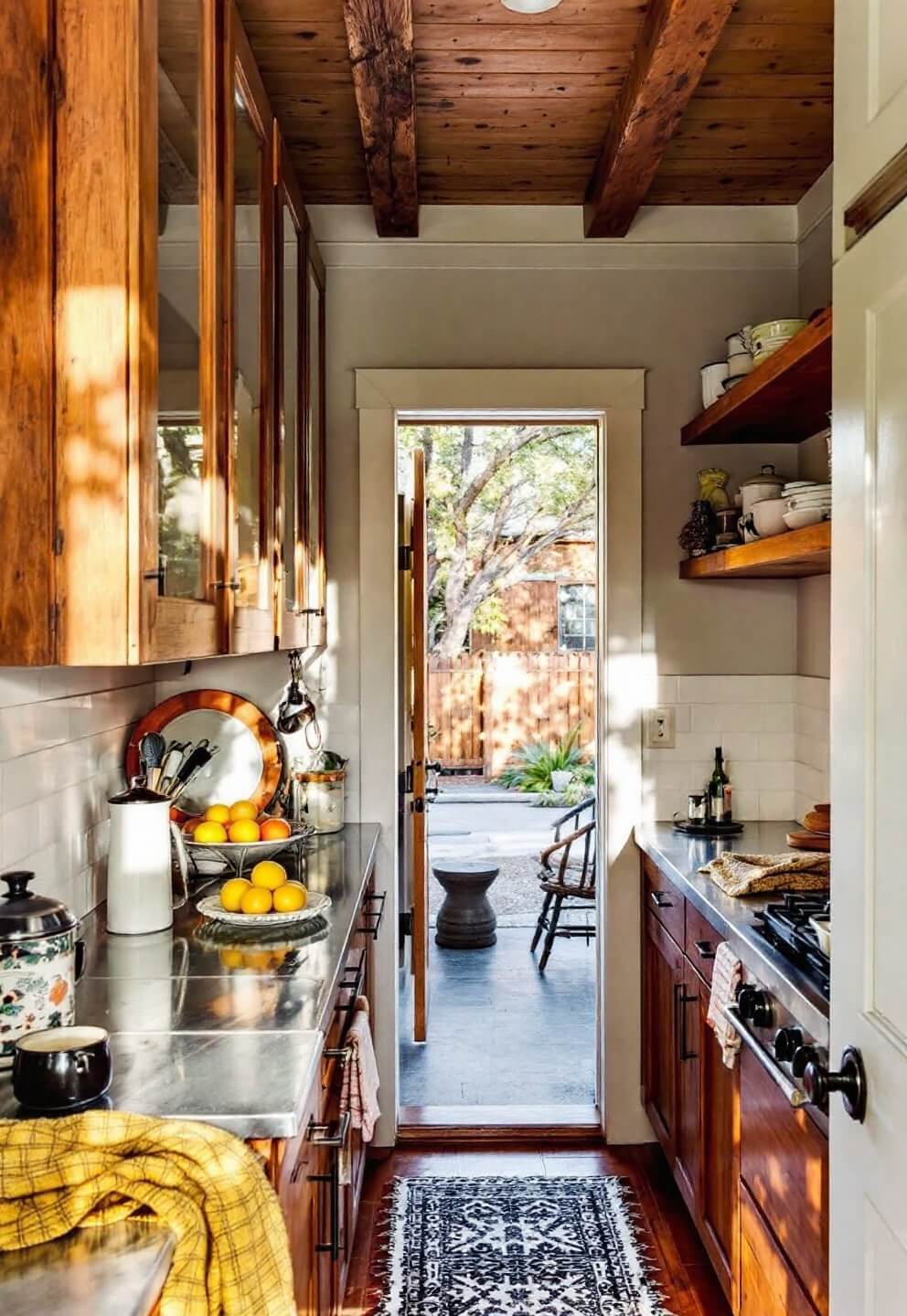 Vintage galley kitchen with reclaimed wood cabinets, zinc countertops, and enamelware on open shelves, shot in natural afternoon backlighting.