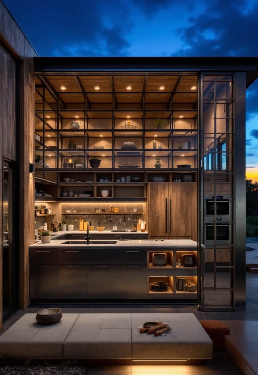 Grand open-concept kitchen with mixed-material cabinets, floor-to-ceiling storage, and dramatic evening lighting