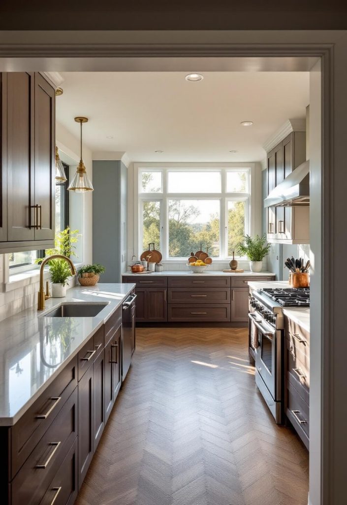 "Sunlit modern spacious kitchen with chocolate brown cabinets, polished quartz countertops, walnut island with brass lights, white oak herringbone floors, professional stainless appliances, copper cookware, and potted herbs."