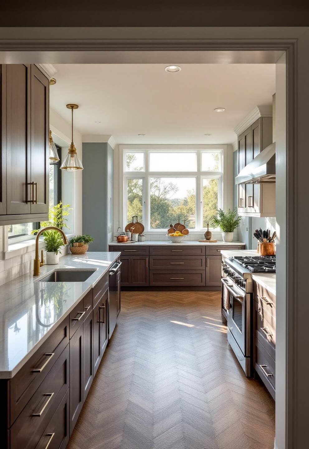 Sunlit modern spacious kitchen with chocolate brown cabinets, polished quartz countertops, walnut island with brass lights, white oak herringbone floors, professional stainless appliances, copper cookware, and potted herbs.