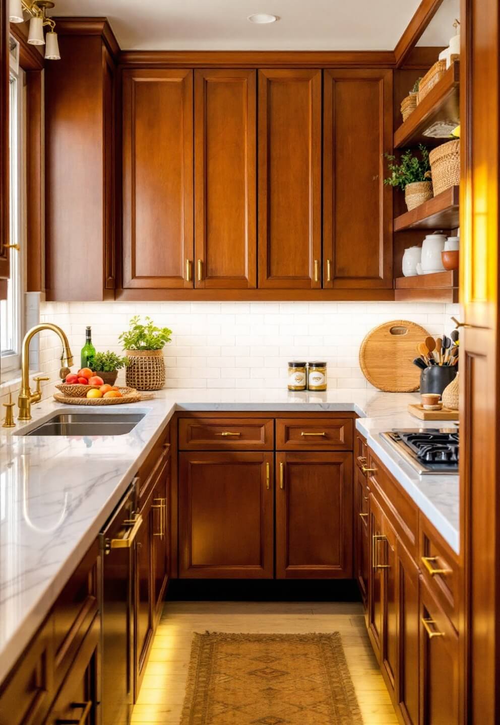 Cozy 8x12ft galley kitchen with warm walnut cabinets, white Subway tile backsplash, brass hardware, marble countertops, and ambient under-cabinet lighting.