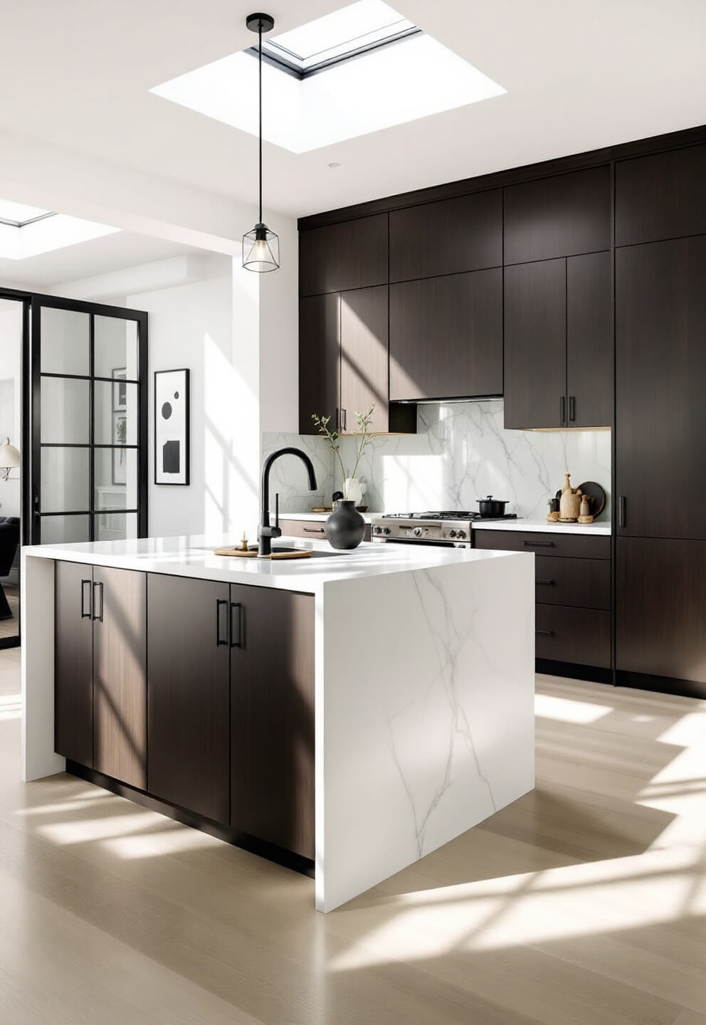 Contemporary open-plan kitchen with espresso brown cabinets, white quartz waterfall island, matte black fixtures, geometric pendant lights, and monochromatic art under dramatic afternoon skylight shadows.