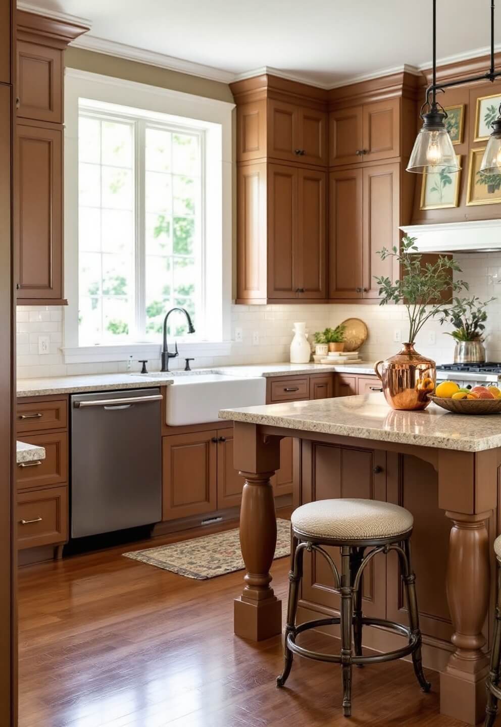 Traditional family kitchen featuring raised-panel caramel brown cabinets, cream granite counters, a center island with vintage-style stools, botanical prints, and French copper pots, subtly lit by midday light through garden windows and soft fill lighting.