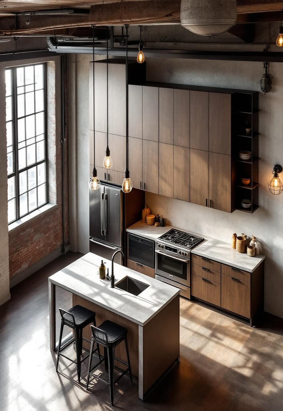 High angle view of an industrial-modern loft kitchen with coffee bean flat-panel cabinets, concrete countertops, black steel open shelving and Edison bulb pendants creating mood lighting