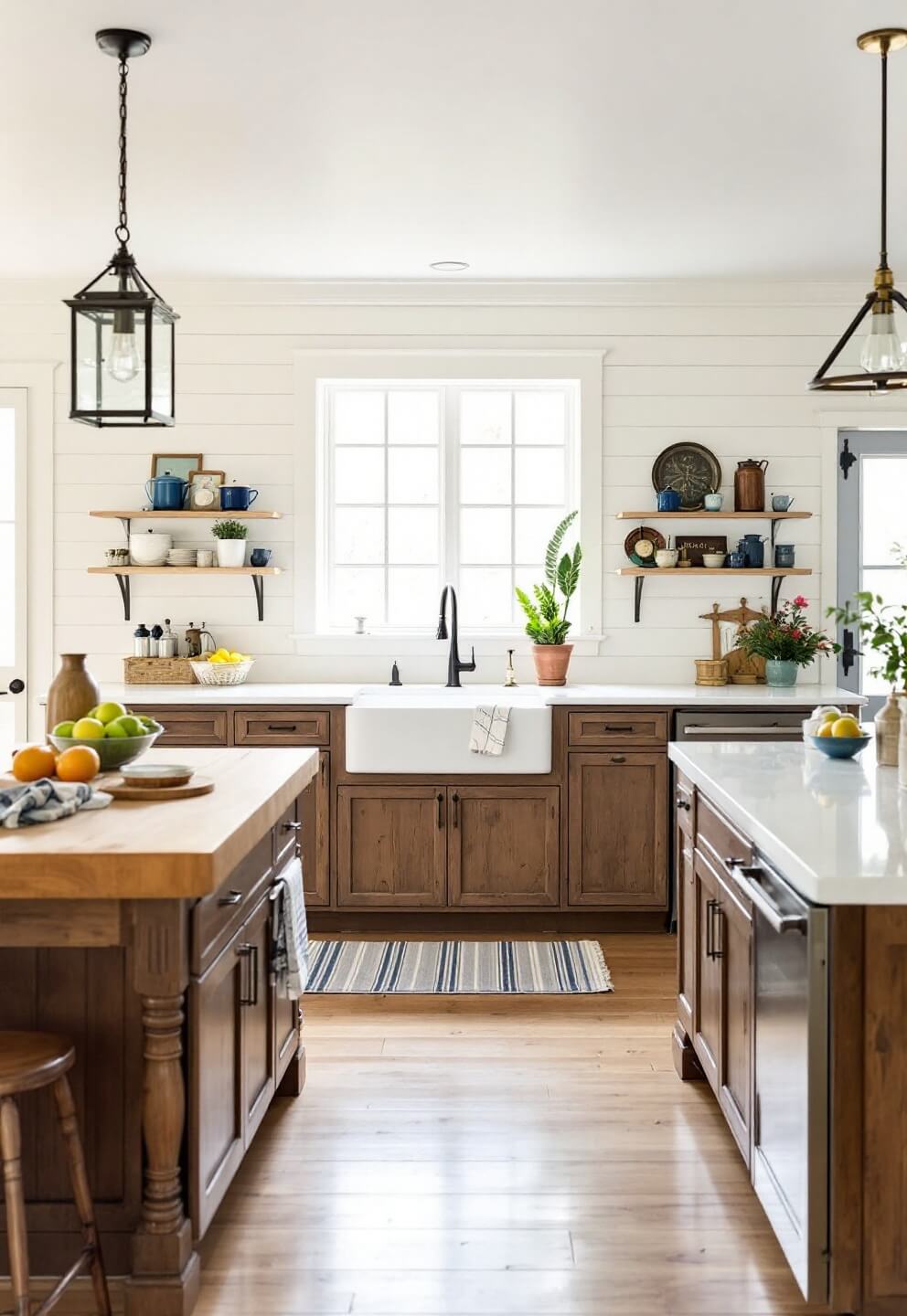 Early morning light illuminating a 14x16ft farmhouse-style kitchen with distressed brown beadboard cabinets, butcher block island with vintage pendant, white porcelain farmhouse sink under mullioned windows, and accentuated with antique copper and enamelware collections.