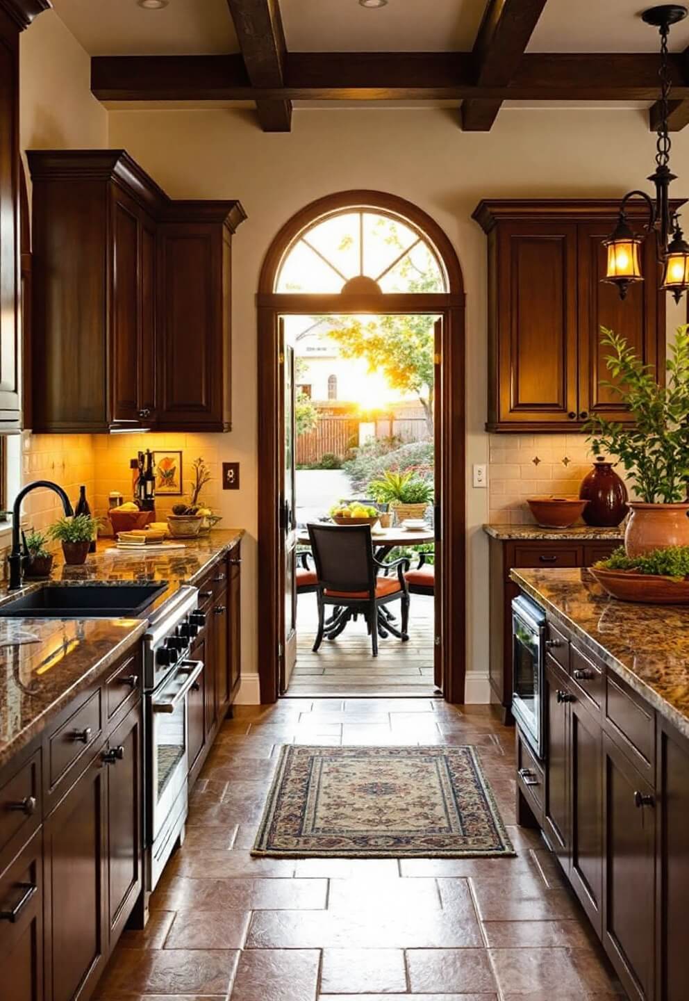 Mediterranean kitchen with walnut cabinets, terracotta-framed windows, cream tumbled stone backsplash, hand-painted tile accent wall, and wrought iron hardware. View from dining area entrance with warm lighting and decorations of terracotta pots and fresh herbs.