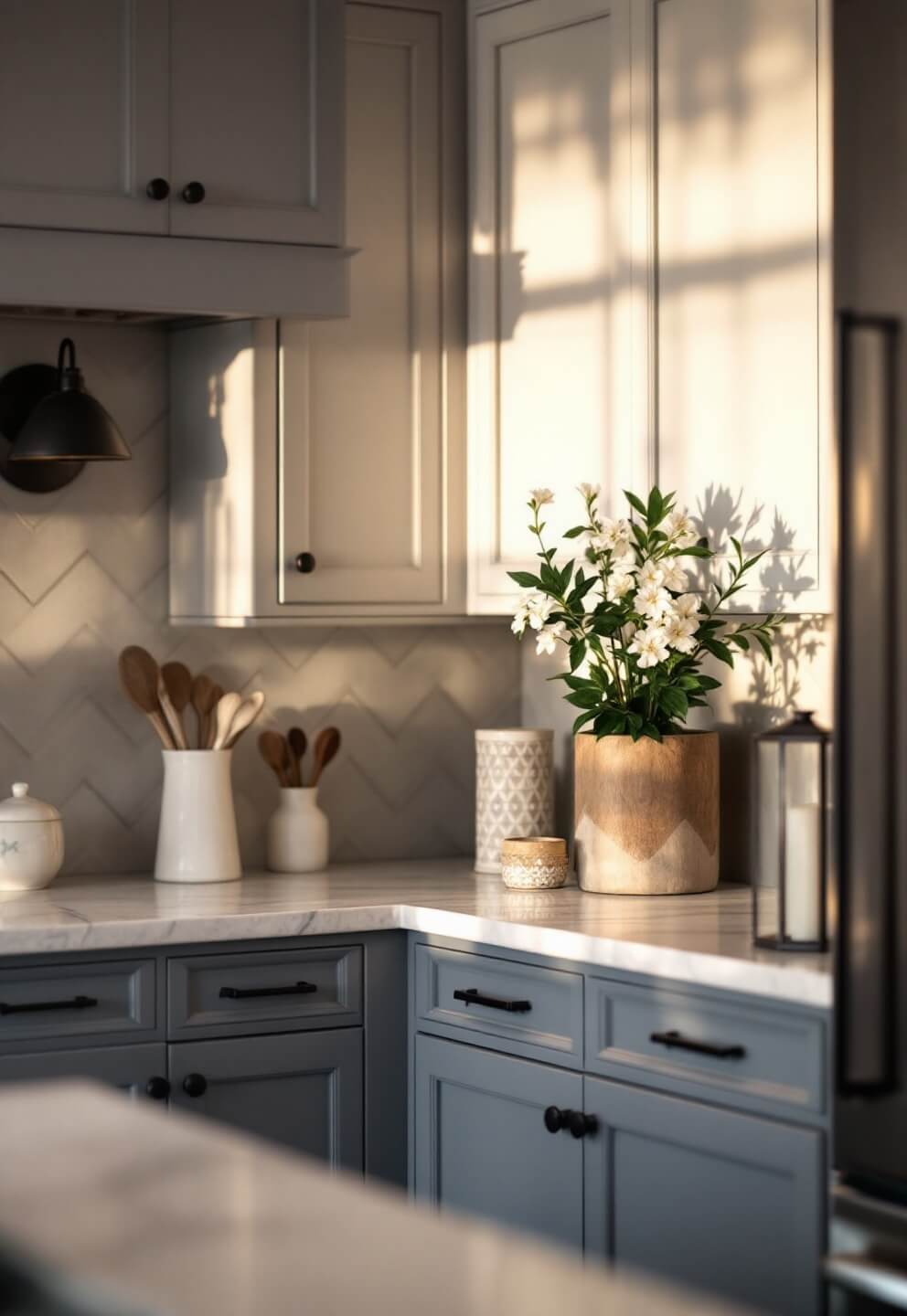 Transitional kitchen corner with medium gray cabinets, Carrara marble countertops, black iron cabinet pulls, vintage sconces, and cream herringbone backsplash, under golden hour lighting