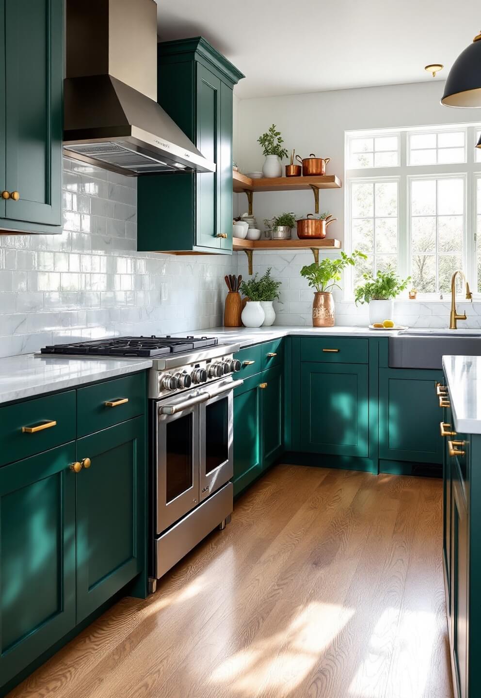 Spacious kitchen with forest green Shaker-style cabinets, Carrara marble countertops, central island with pendant lights, white oak flooring, and morning light through floor-to-ceiling windows