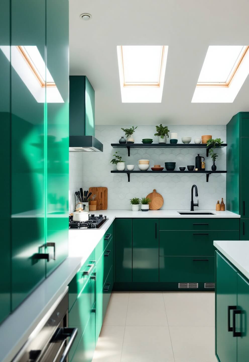 Modern 10x14ft kitchen illuminated by late afternoon sunlight through skylights, featuring high-gloss emerald green cabinets with matte black pulls, white quartz countertops, geometric tile backsplash, curated ceramics on floating shelves, and under-cabinet LED lighting.